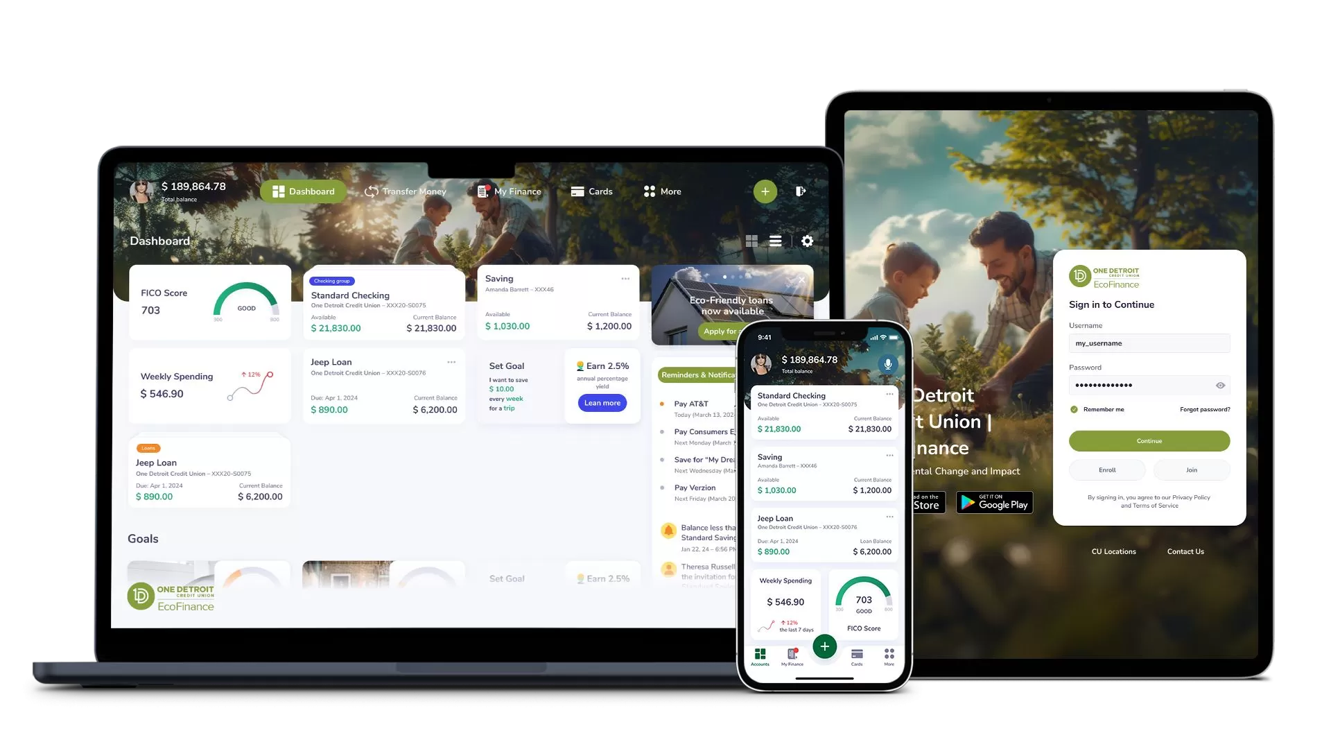 screenshots of the Motor City Green Lending banking portal on laptop and mobile device